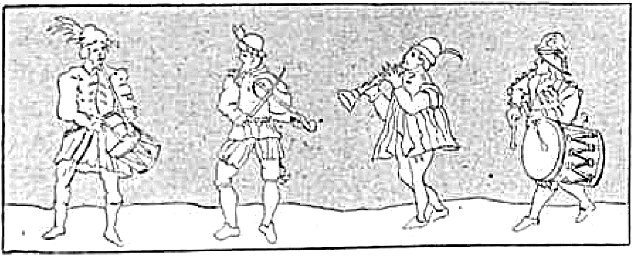 Musiciens accompagnant la danse — tambour, fifre, trompette — bois gravé de l'Orchésographie de Thoinot Arbeau, 1588