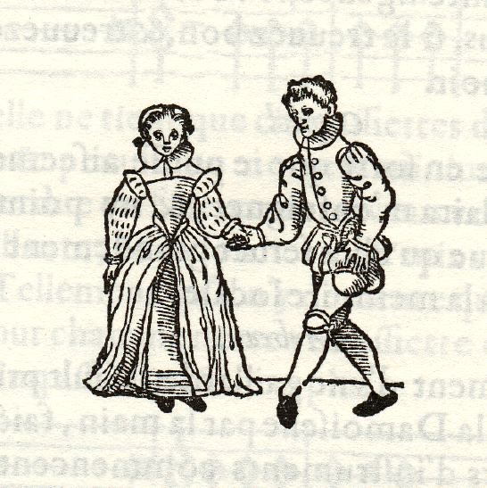 Gravure sur bois de l'Orchésographie : un gentilhomme s'incline en révérence et prend la main d'une demoiselle, le geste de salut noté par Arbeau.