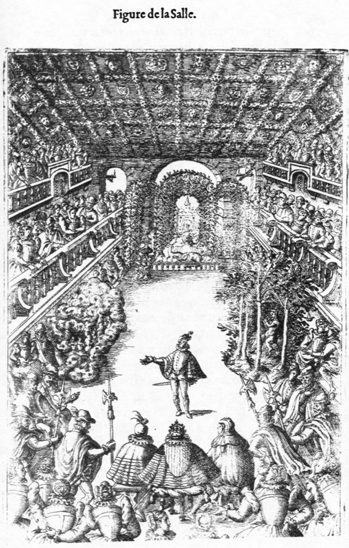 La « Figure de la Salle » du Ballet comique de la Reine, 1581 : vue en perspective de la grande salle de la cour, le roi trônant au fond, les galeries pleines de courtisans, la scène et les décors de bocage au centre.