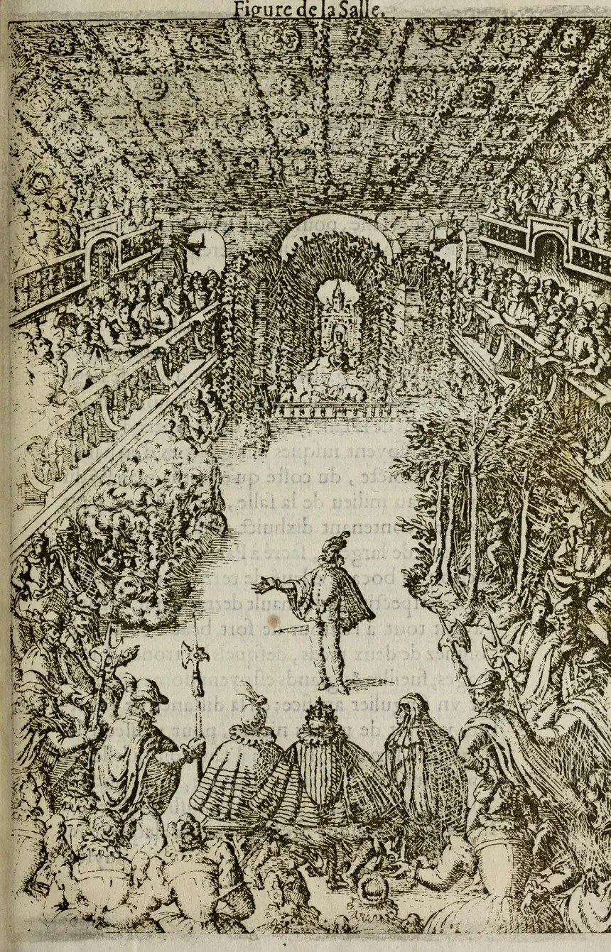Gravure vue en perspective : la grande salle du Petit-Bourbon, les courtisans serrés sur trois niveaux de galeries des deux côtés, le roi et la reine assis de dos au premier plan, et au milieu du plateau vide un seul personnage debout, le bras tendu.