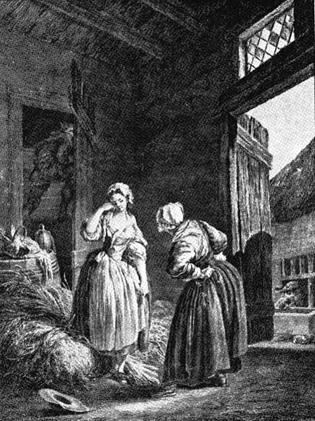 Gravure d'une scène de ferme : une jeune fille grondée par sa mère parmi les gerbes de foin, un chapeau à terre, La Fille mal gardée d'après Baudouin.