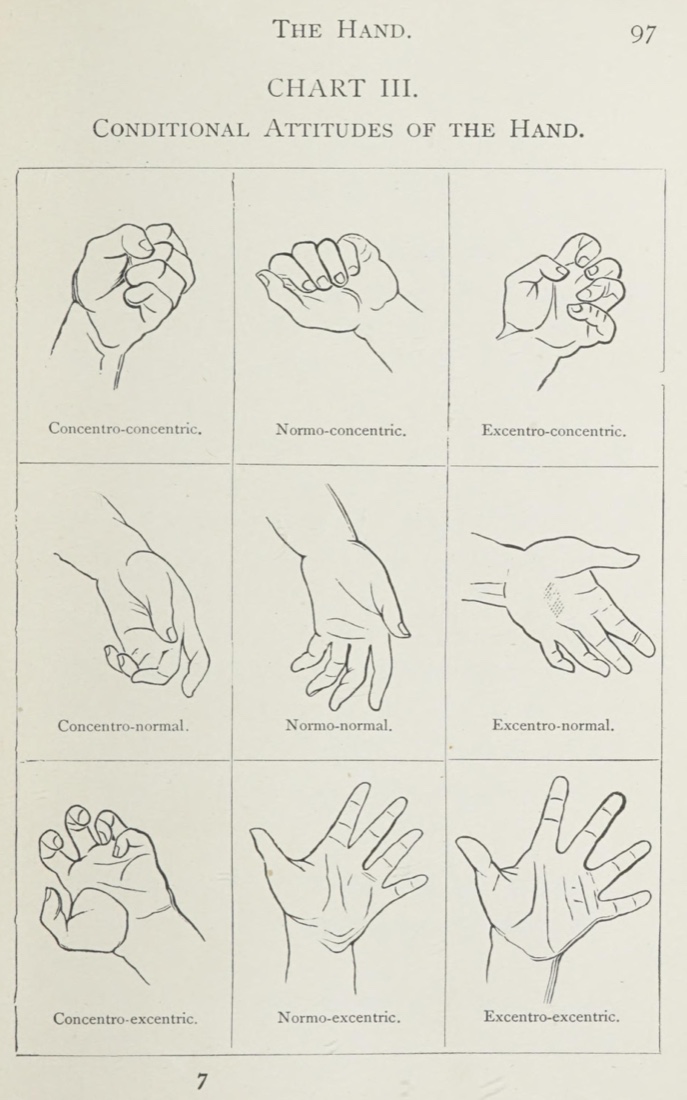 Planche du système Delsarte : neuf mains dessinées en grille, chacune nommée (concentrique, normale, excentrique), chaque attitude de la main correspond à un état intérieur.