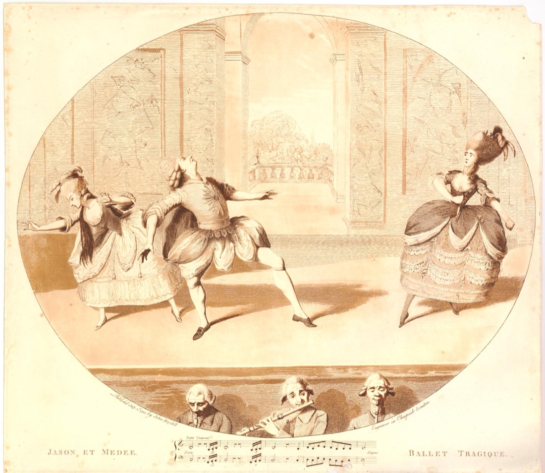 Jason et Médée, ballet tragique : trois danseurs sur scène jouant la tragédie, Médée fuit à gauche, Jason cambré en arrière au centre, Créuse à droite, avec trois musiciens et une portée musicale en bas de la gravure.